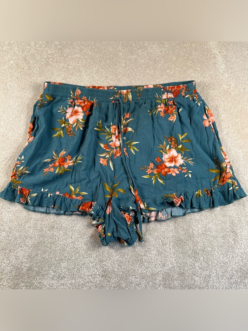 American Eagle Shorts Teal Floral Flowy Ruffle Bottom Pull On Stretch Waist Lg